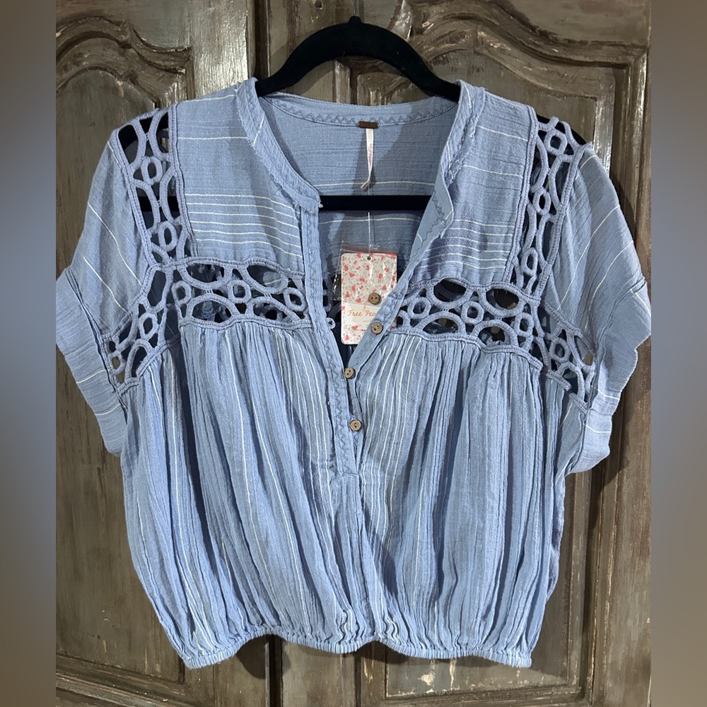 Free People Light Blue Crochet Yoke Short Sleeve Blouse